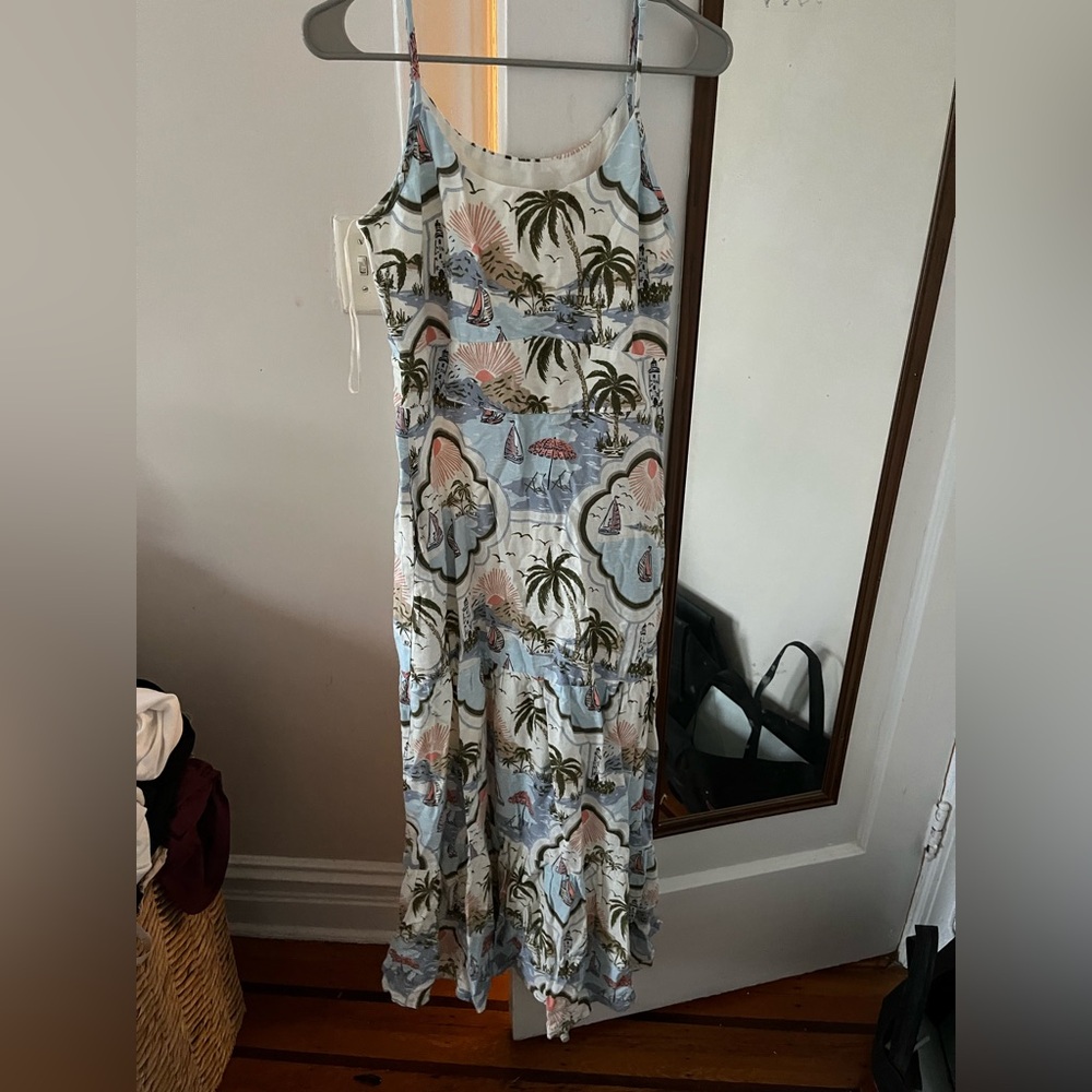 Cynthia Rowley Light Blue Tropical Print Spaghetti-Strap Maxi Dress